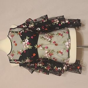 Impulsive Black Sheer Floral Embroidered Cold Shoulder Long Sleeve Top